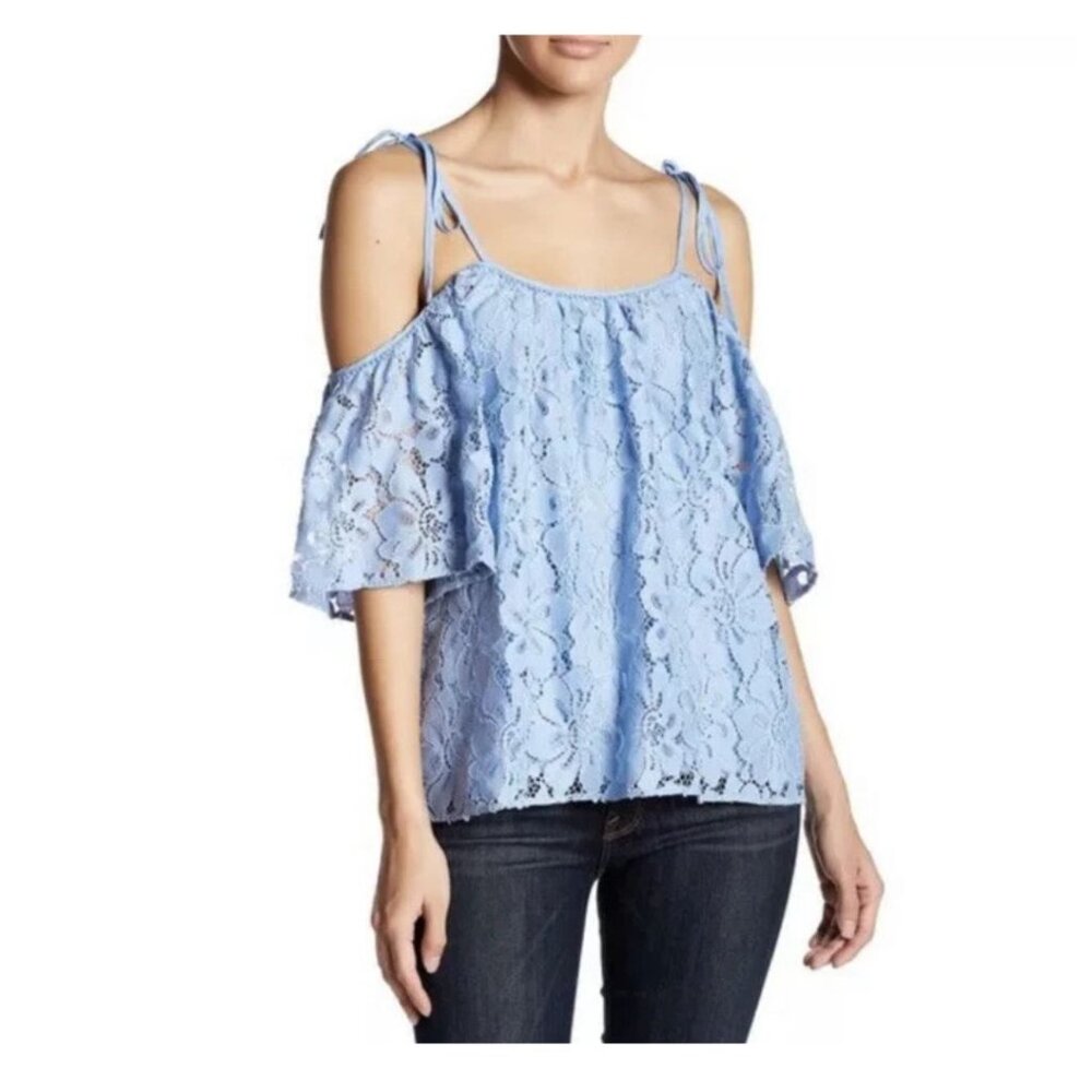 PARKER "Tessy" Strappy Cold Shoulder Short Sleeve Crochet Lace Blouse Sky Blue L
